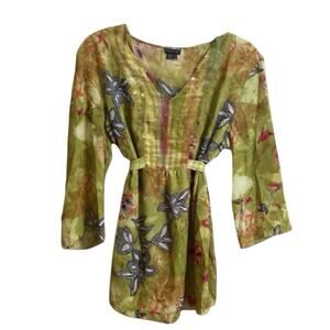 Piano Brand Top Womens Size S Multicolor Blouse Artsy Floral Tie SemiSheer Boho